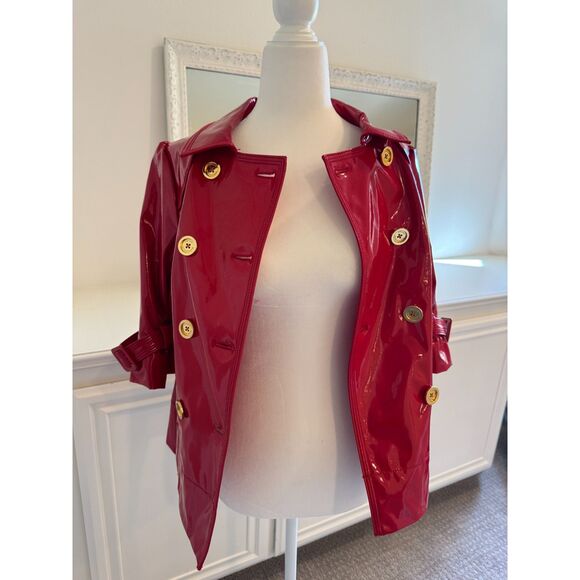 Juicy Couture Red Faux Patent Leather Double Breasted Rain Coat Size Medium - Picture 4 of 8